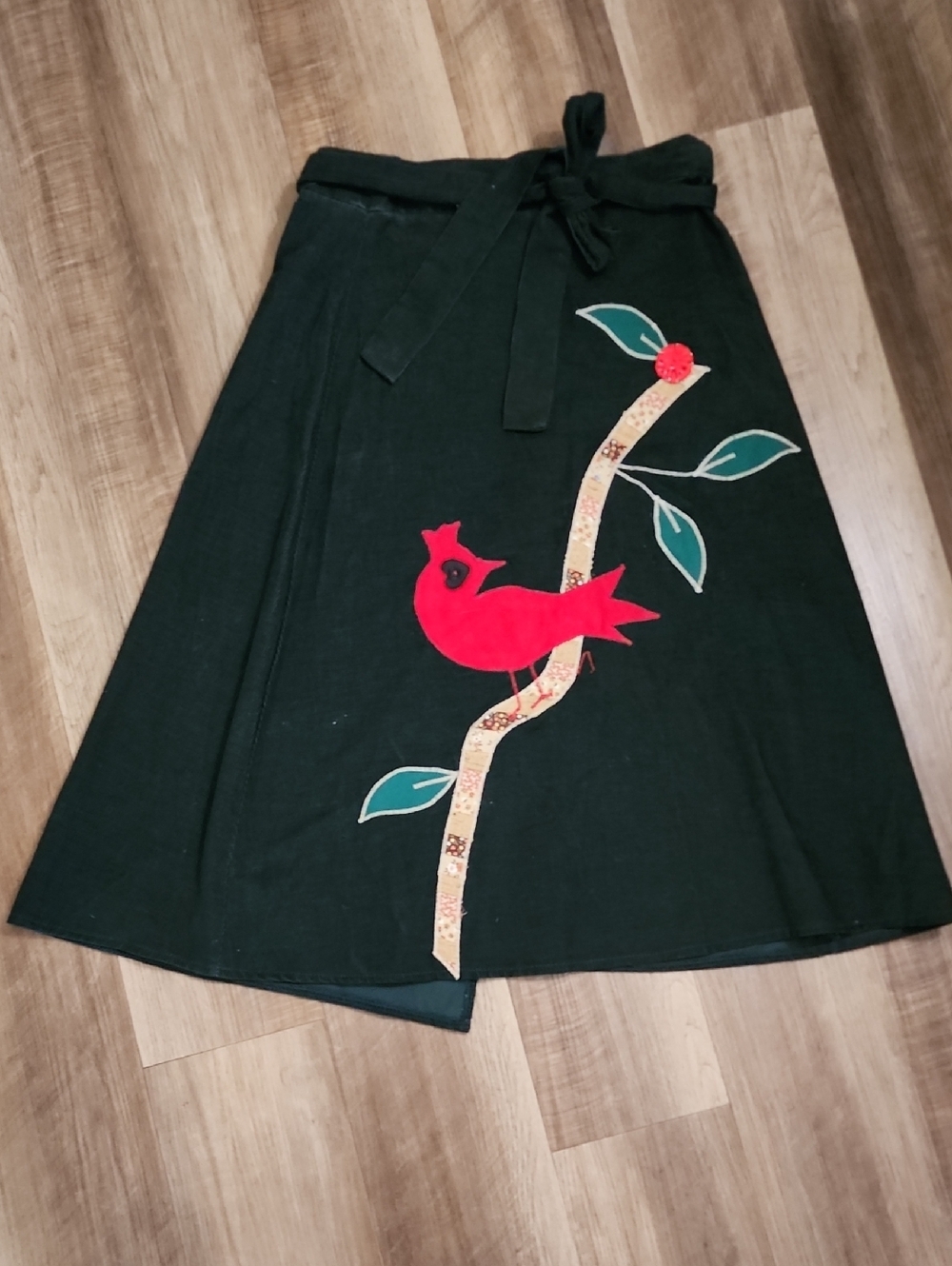 Dark Green A-Line Skirt Red Bird Patchwork Appliqué Cottagecore Folk Art Midi
